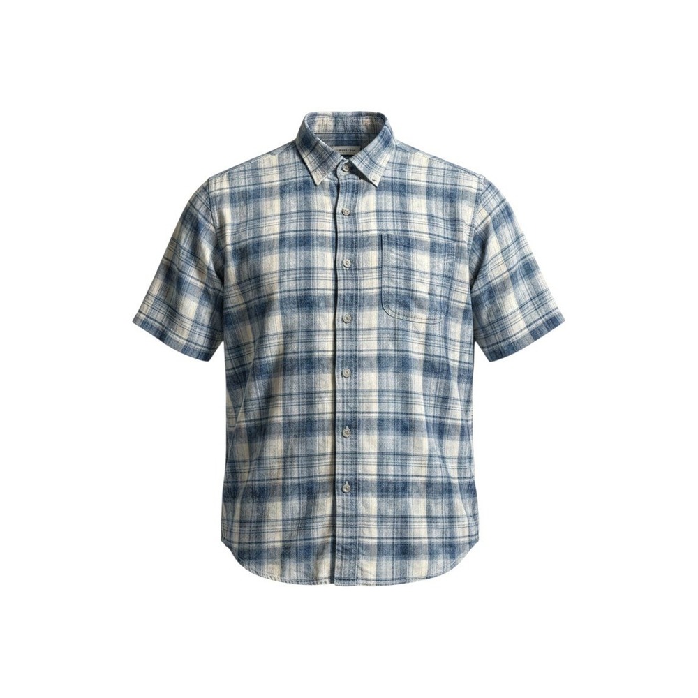 Tommy Bahama Button Down Shirt L Blue White Plaid Cotton Short Sleeve Marlin